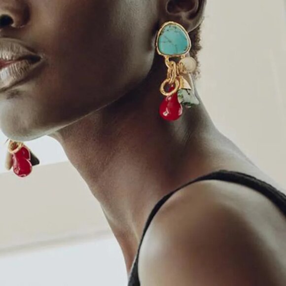 NEW Boho Glam Colorful Turquoise Gold Chunky Drop Earrings - Picture 1 of 5